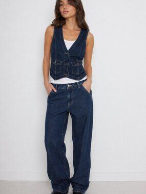 Vintage Indigo Denim Vest – Fitted V-Neck | 90s Minimalist M tagged L